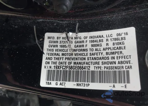 2016 Honda Civic Lx из США, поврежденный, VIN 19XFC2F58GE066412